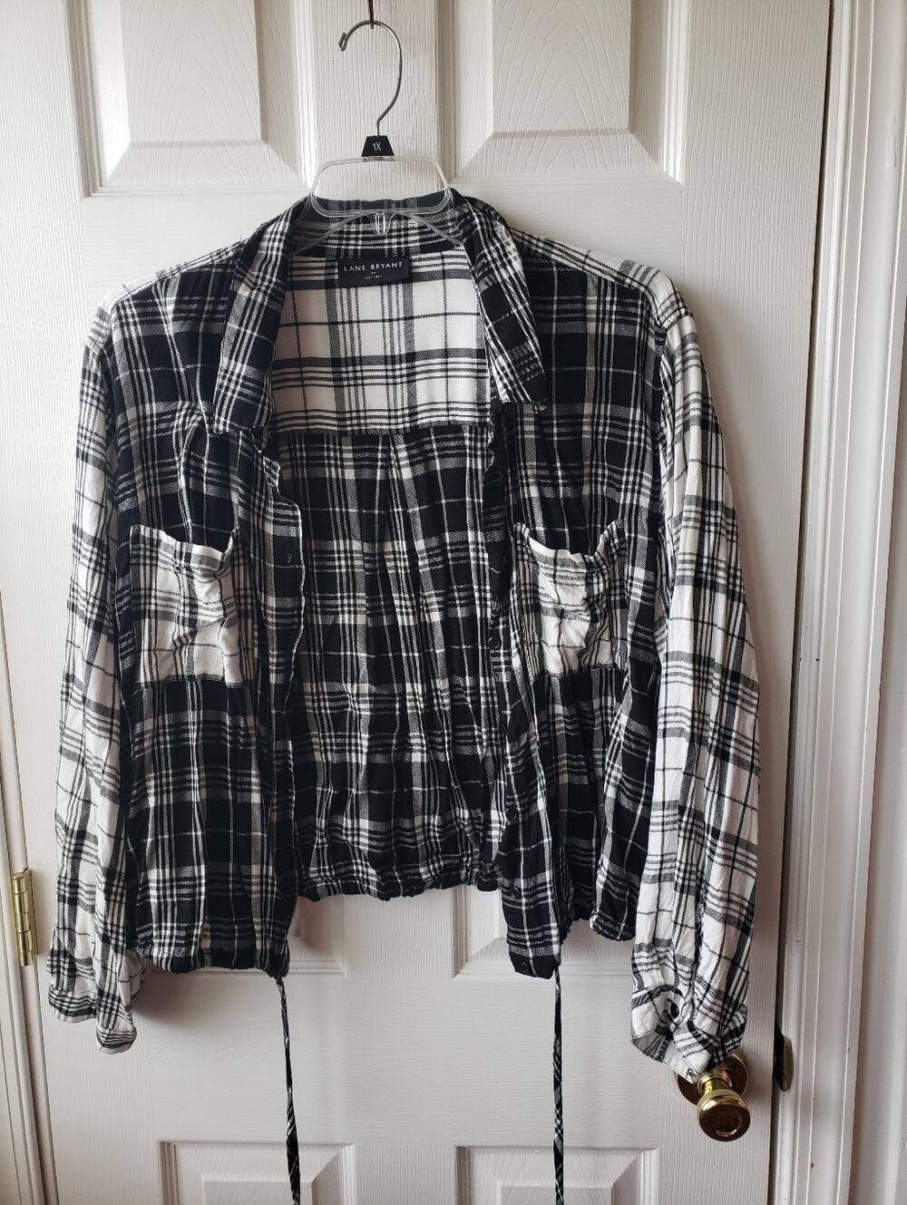 Lane Bryant Black and White Plaid Drawstring Shirt.